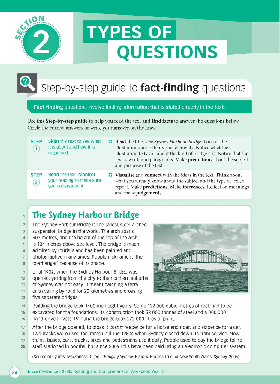 Sample interior page from Excel Advanced Skills Reading and Comprehension Workbook Year 3 showing practice activities and exercises for students