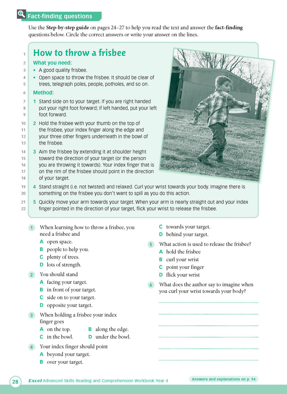 Sample interior page from Excel Advanced Skills Reading and Comprehension Workbook Year 4 showing practice activities and exercises for students