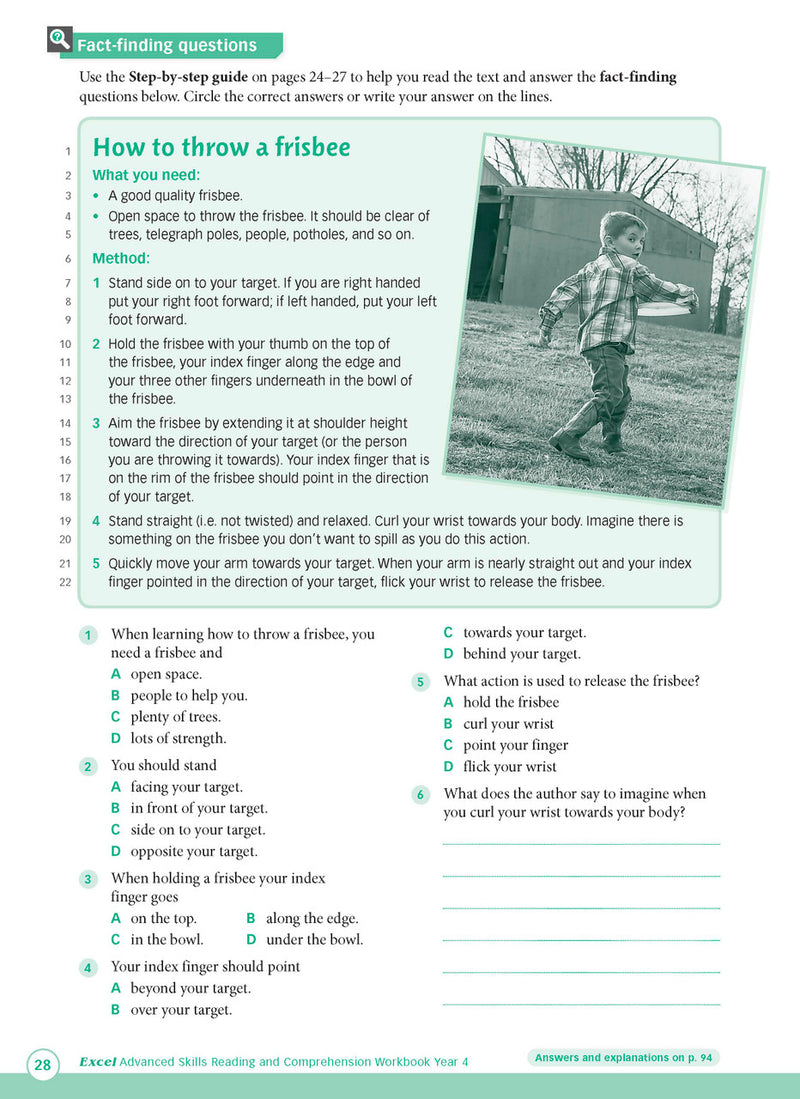Sample interior page from Excel Advanced Skills Reading and Comprehension Workbook Year 4 showing practice activities and exercises for students