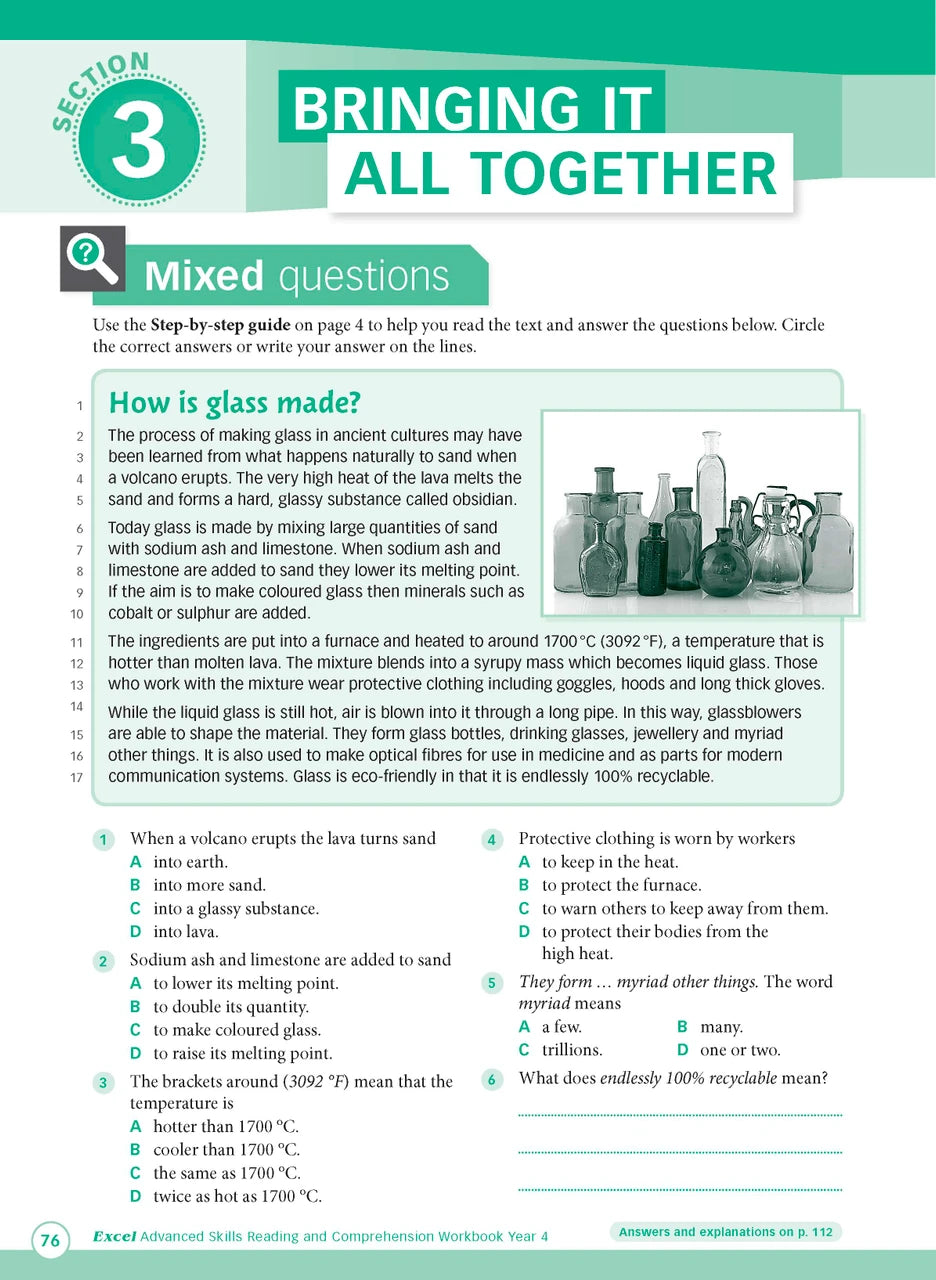 Sample interior page from Excel Advanced Skills Reading and Comprehension Workbook Year 4 showing practice activities and exercises for students