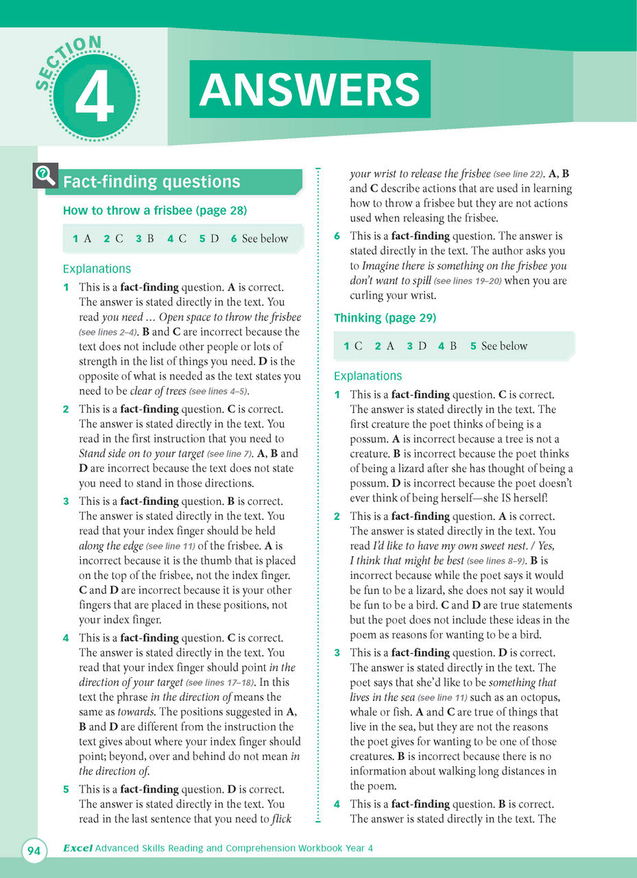 Sample interior page from Excel Advanced Skills Reading and Comprehension Workbook Year 4 showing practice activities and exercises for students