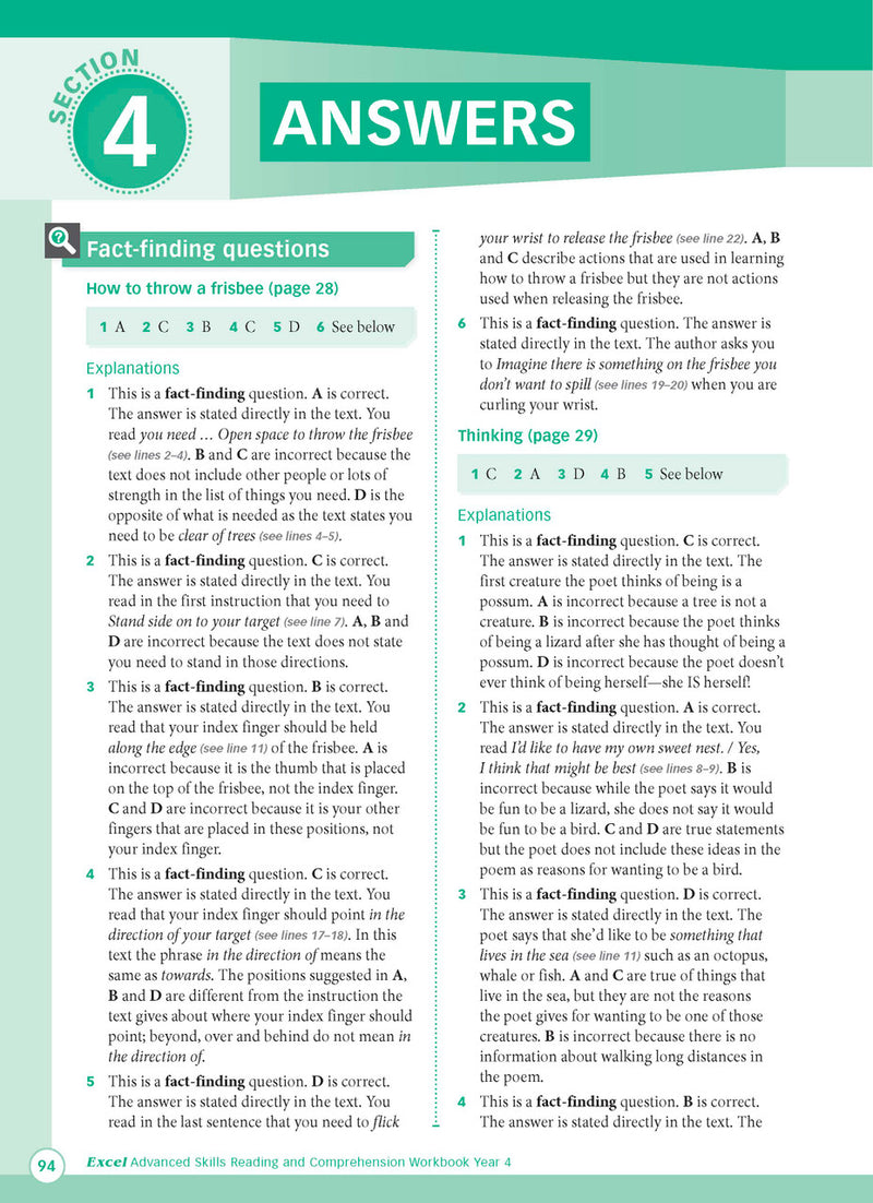 Sample interior page from Excel Advanced Skills Reading and Comprehension Workbook Year 4 showing practice activities and exercises for students