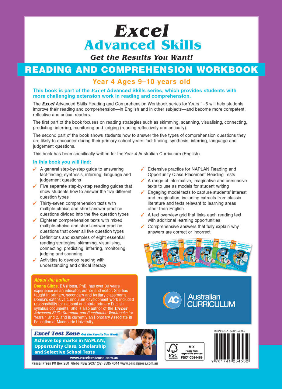 Back cover of Excel Advanced Skills Reading and Comprehension Workbook Year 4 showing the publisher's summary of the book and the Excel Advanced Skills series