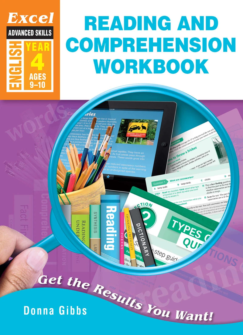 Front cover of Excel Advanced Skills Reading and Comprehension Workbook Year 4, a Pascal Press Excel Advanced Skills paperback English workbook for primary students