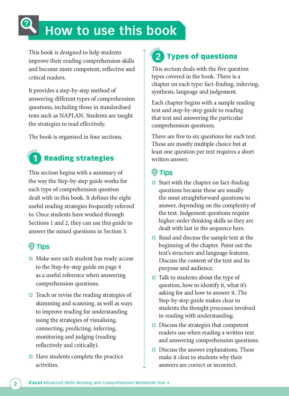 Sample interior page from Excel Advanced Skills Reading and Comprehension Workbook Year 4 showing practice activities and exercises for students