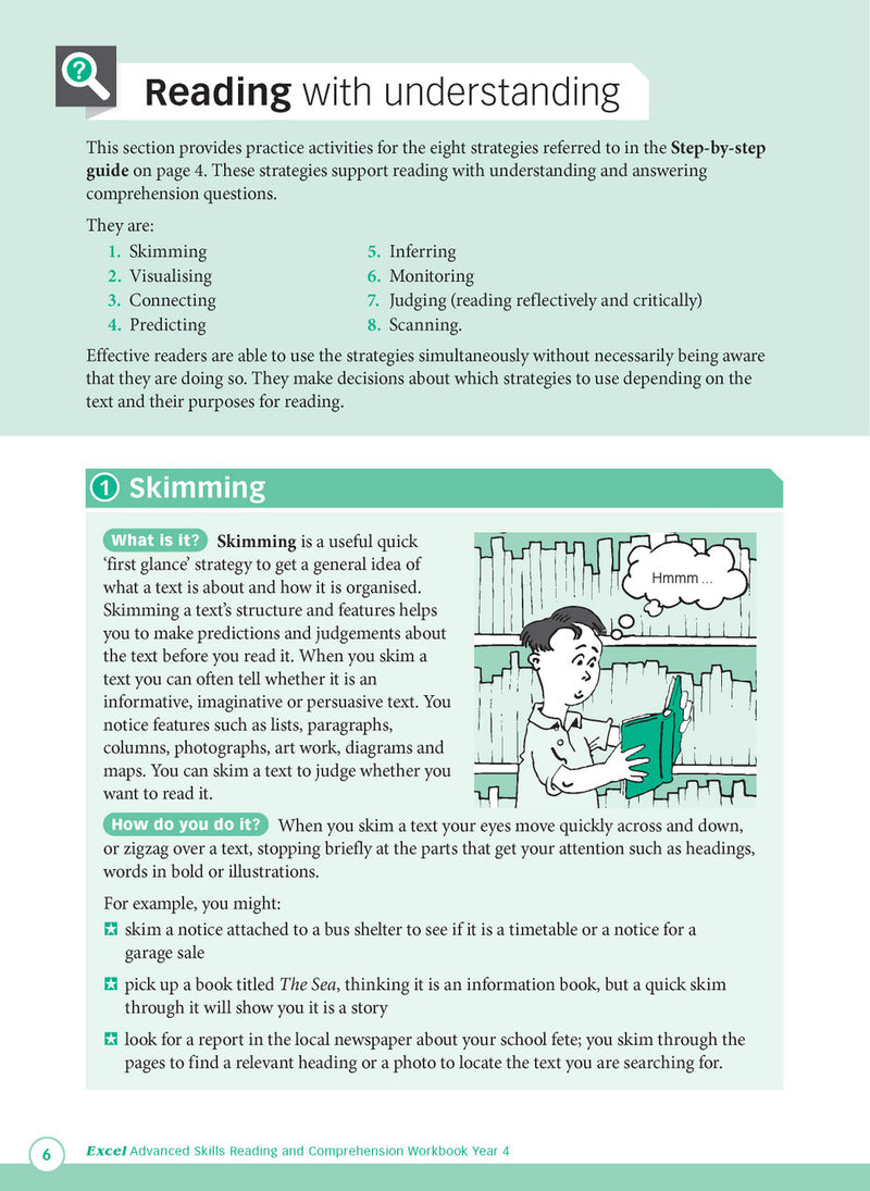 Sample interior page from Excel Advanced Skills Reading and Comprehension Workbook Year 4 showing practice activities and exercises for students
