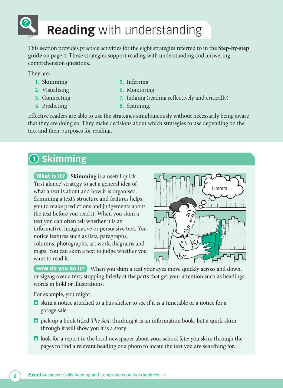 Sample interior page from Excel Advanced Skills Reading and Comprehension Workbook Year 4 showing practice activities and exercises for students