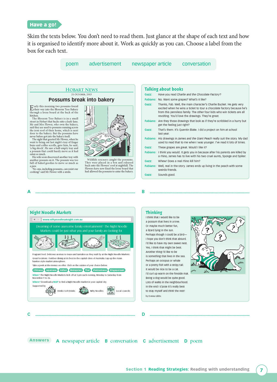 Sample interior page from Excel Advanced Skills Reading and Comprehension Workbook Year 4 showing practice activities and exercises for students
