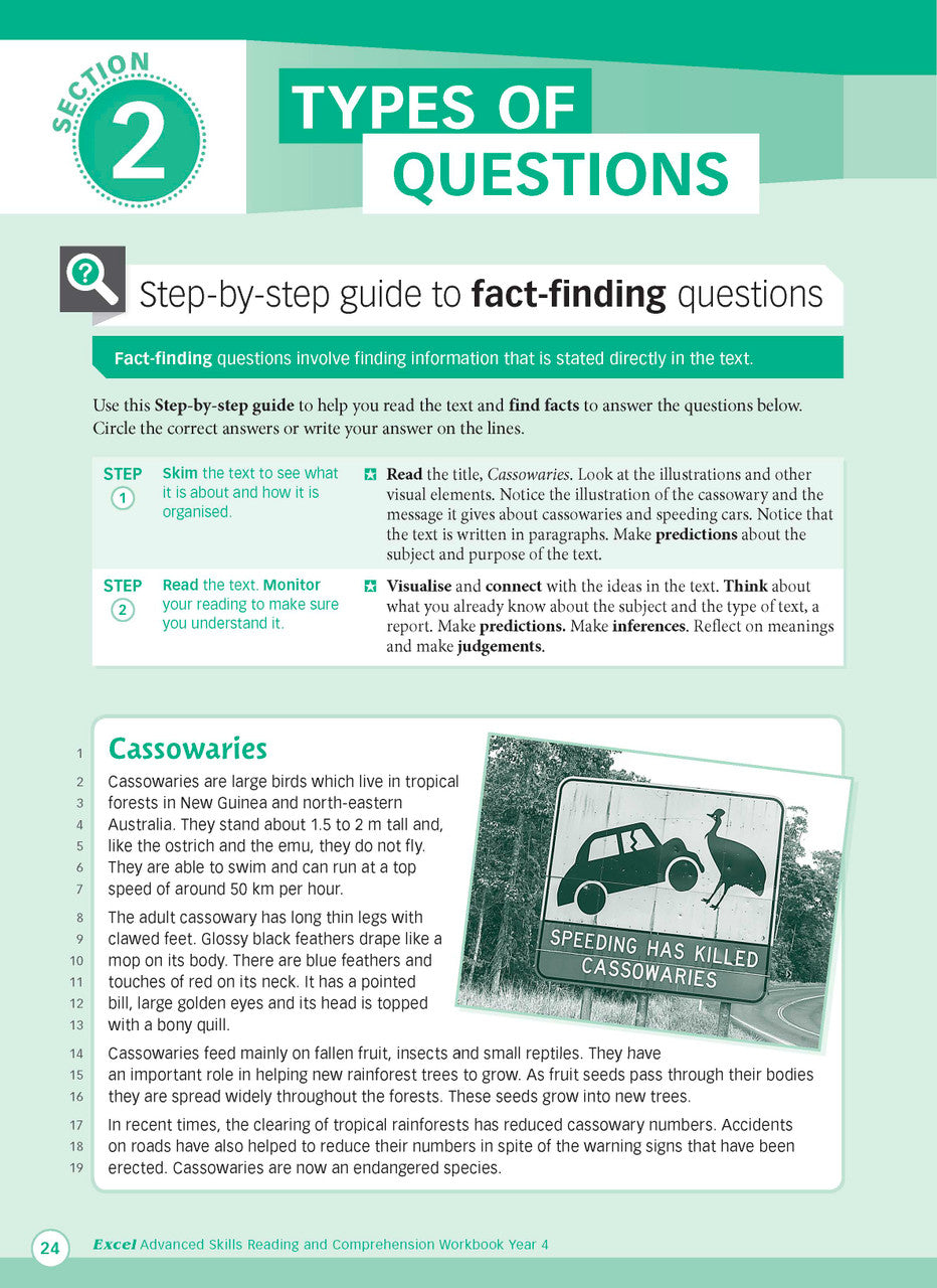 Sample interior page from Excel Advanced Skills Reading and Comprehension Workbook Year 4 showing practice activities and exercises for students
