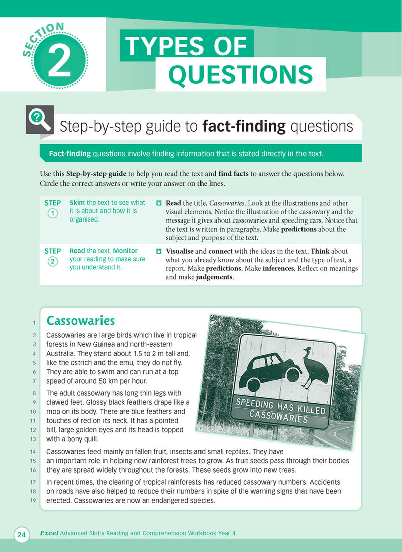 Sample interior page from Excel Advanced Skills Reading and Comprehension Workbook Year 4 showing practice activities and exercises for students