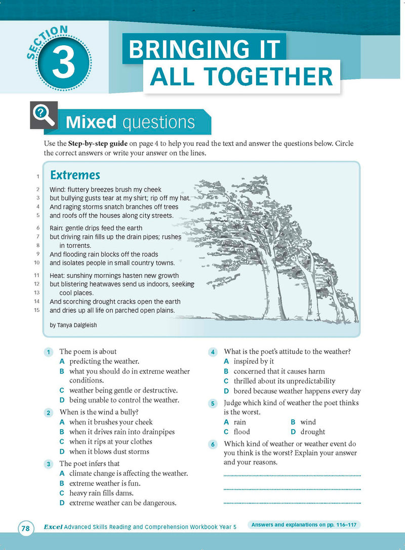 Sample interior page from Excel Advanced Skills Reading and Comprehension Workbook Year 5 showing practice activities and exercises for students