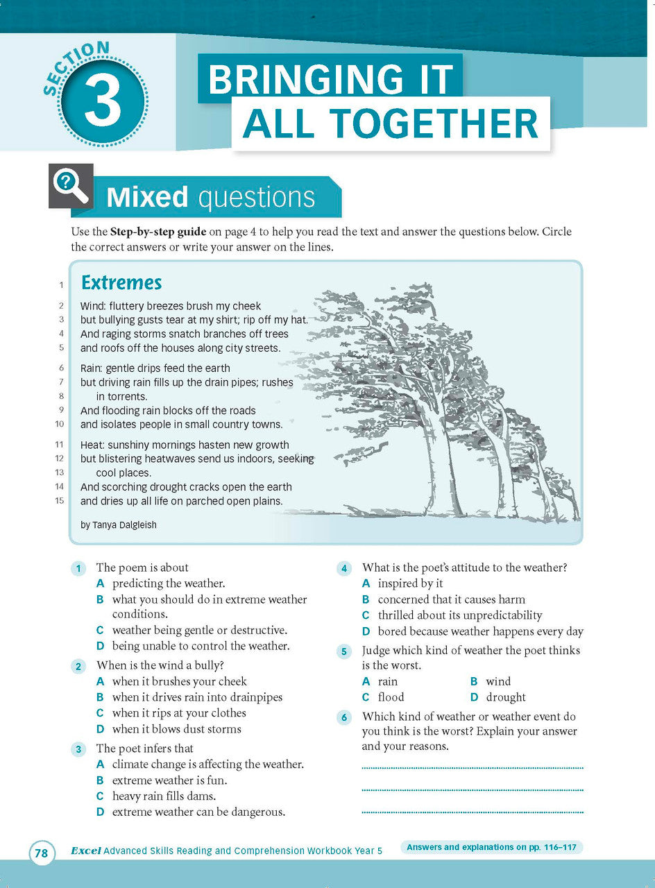 Sample interior page from Excel Advanced Skills Reading and Comprehension Workbook Year 5 showing practice activities and exercises for students