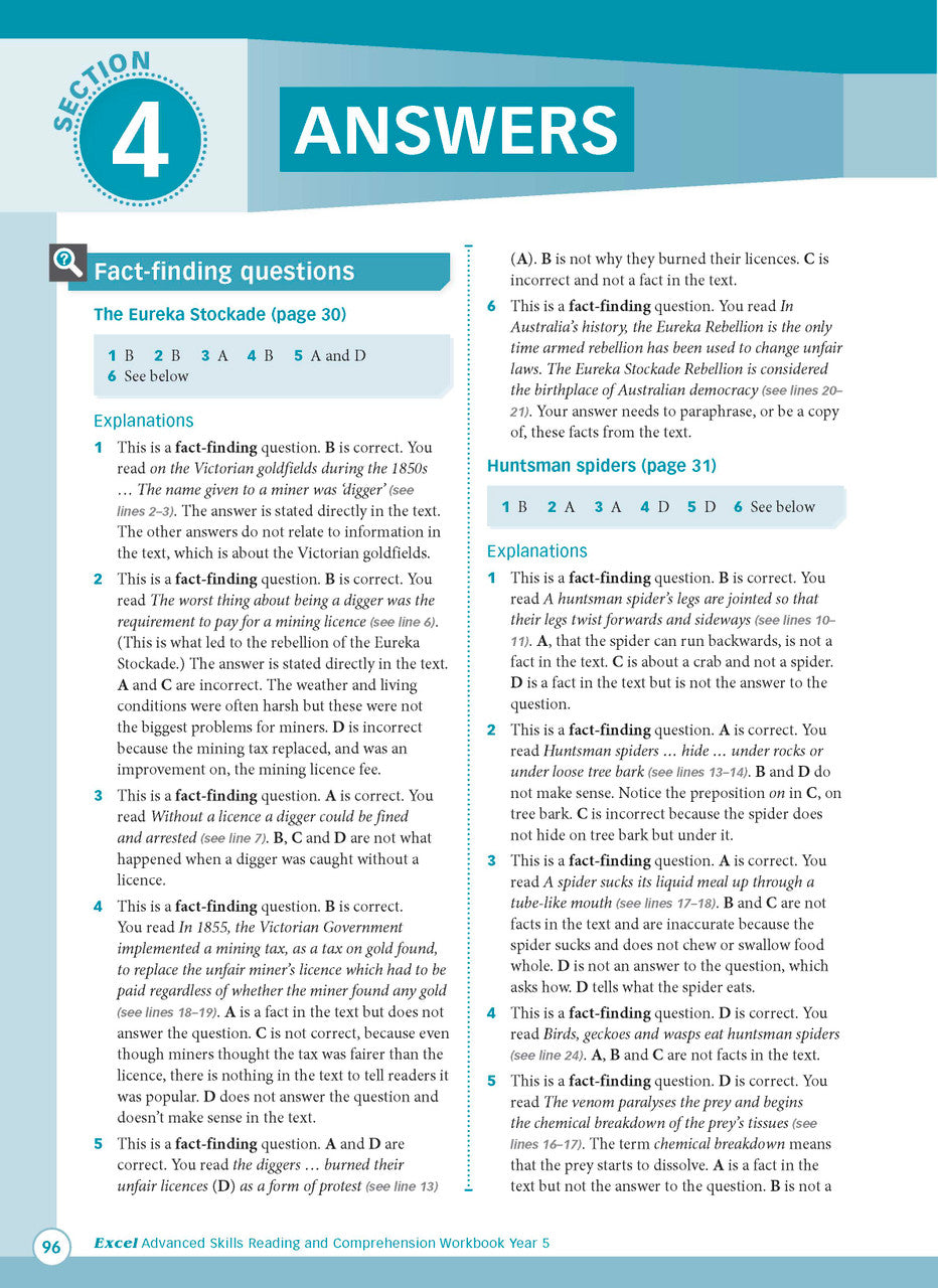 Sample interior page from Excel Advanced Skills Reading and Comprehension Workbook Year 5 showing practice activities and exercises for students