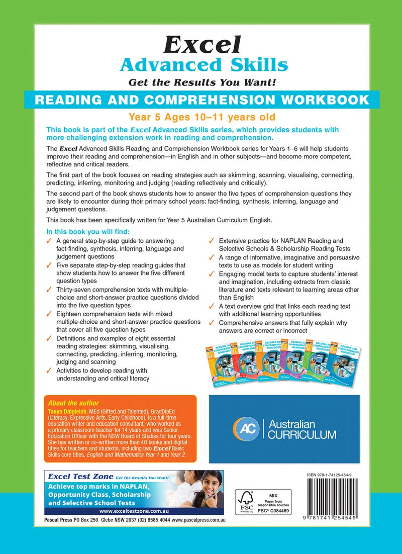 Back cover of Excel Advanced Skills Reading and Comprehension Workbook Year 5 showing the publisher's summary of the book and the Excel Advanced Skills series