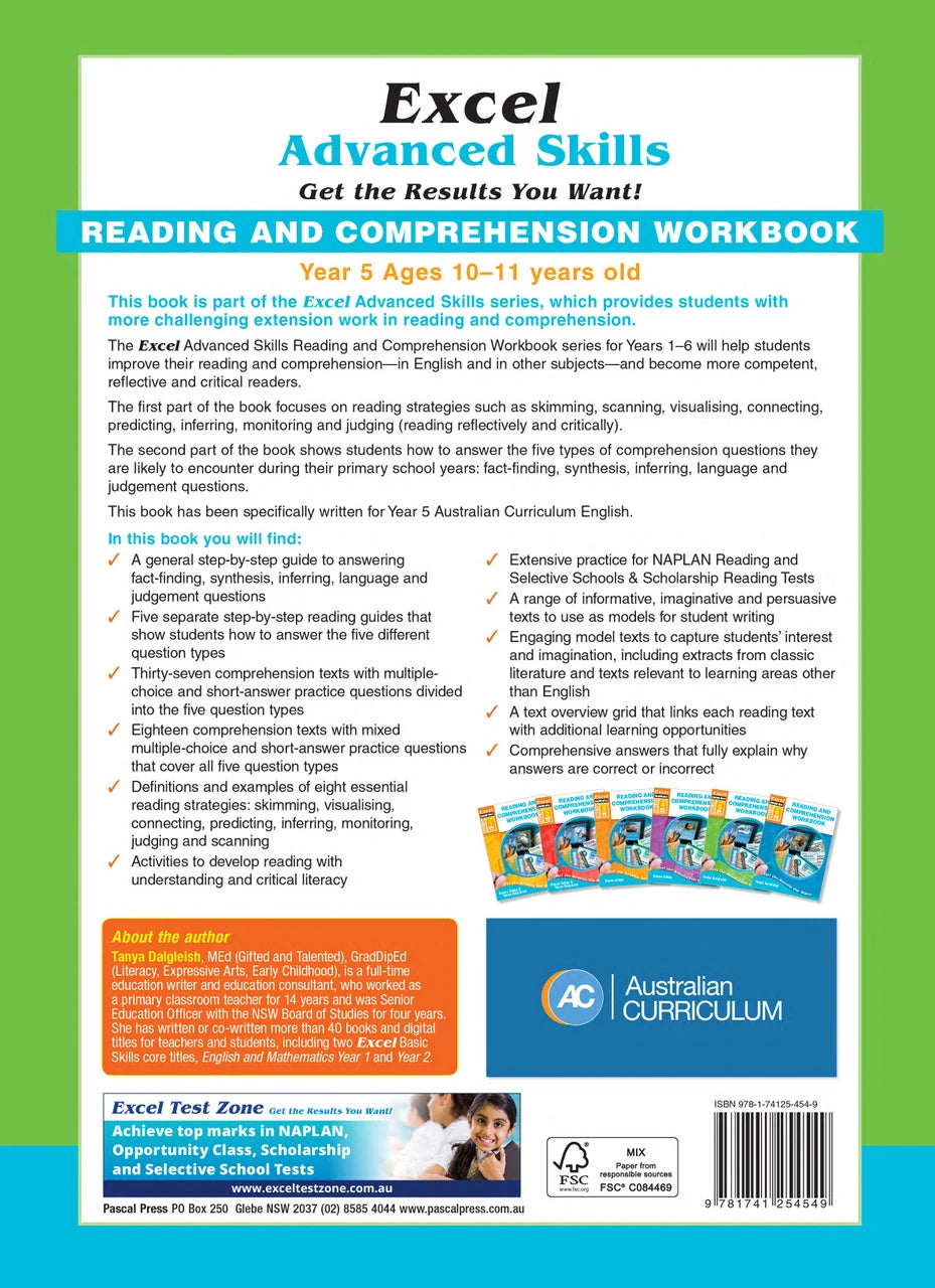 Back cover of Excel Advanced Skills Reading and Comprehension Workbook Year 5 showing the publisher's summary of the book and the Excel Advanced Skills series