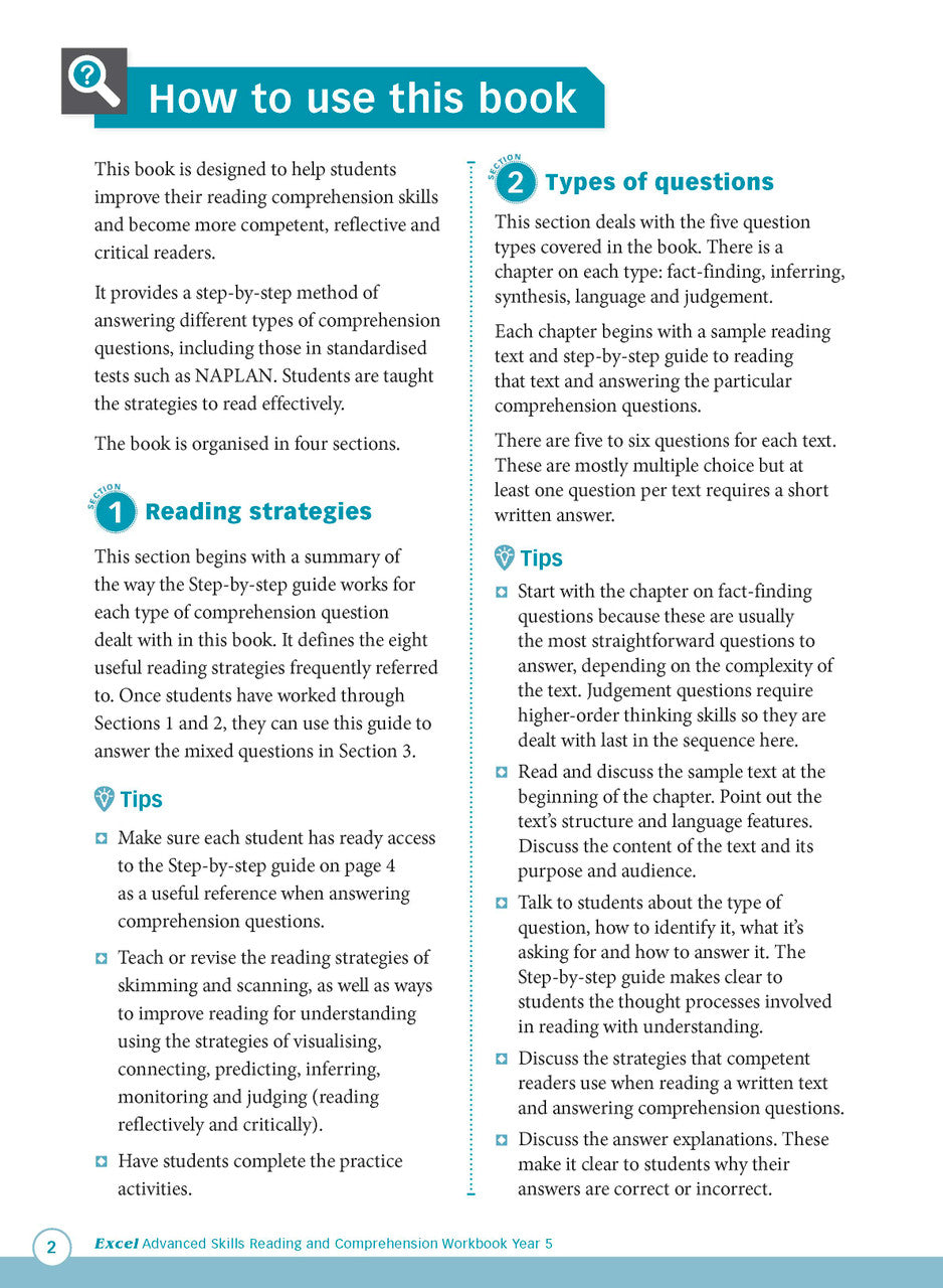 Sample interior page from Excel Advanced Skills Reading and Comprehension Workbook Year 5 showing practice activities and exercises for students