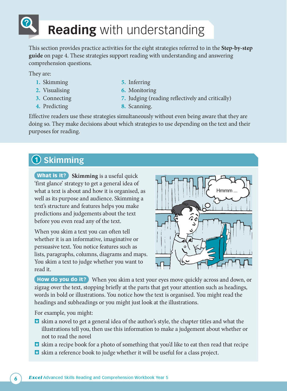 Sample interior page from Excel Advanced Skills Reading and Comprehension Workbook Year 5 showing practice activities and exercises for students