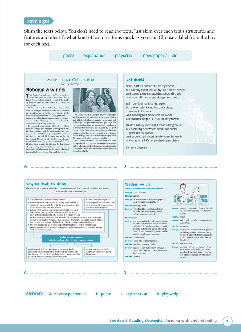 Sample interior page from Excel Advanced Skills Reading and Comprehension Workbook Year 5 showing practice activities and exercises for students