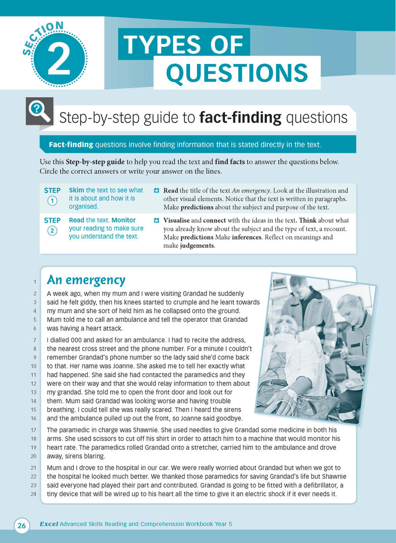 Sample interior page from Excel Advanced Skills Reading and Comprehension Workbook Year 5 showing practice activities and exercises for students