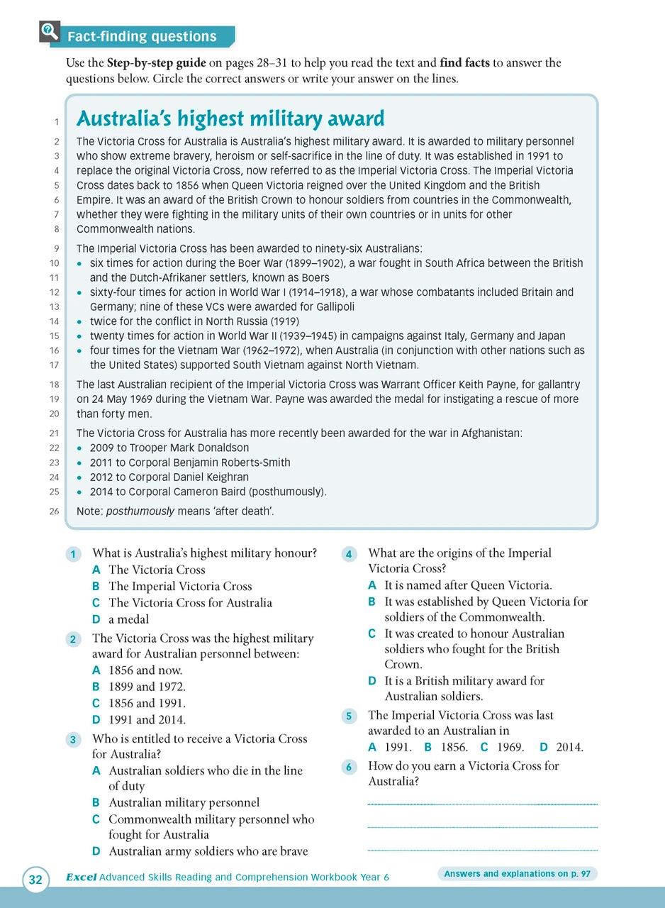 Sample interior page from Excel Advanced Skills Reading and Comprehension Workbook Year 6 showing practice activities and exercises for students
