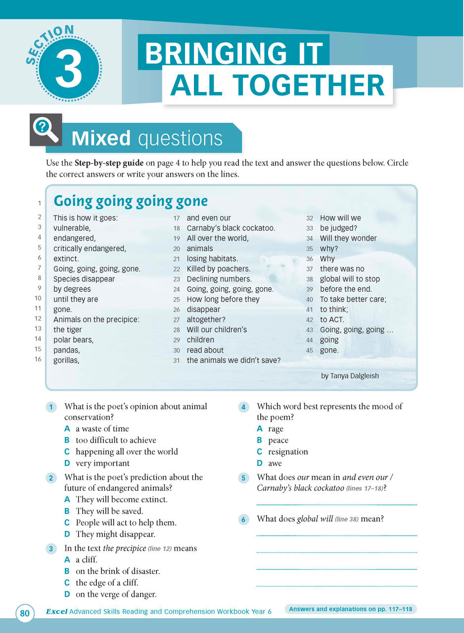 Sample interior page from Excel Advanced Skills Reading and Comprehension Workbook Year 6 showing practice activities and exercises for students