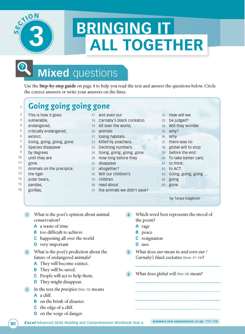 Sample interior page from Excel Advanced Skills Reading and Comprehension Workbook Year 6 showing practice activities and exercises for students