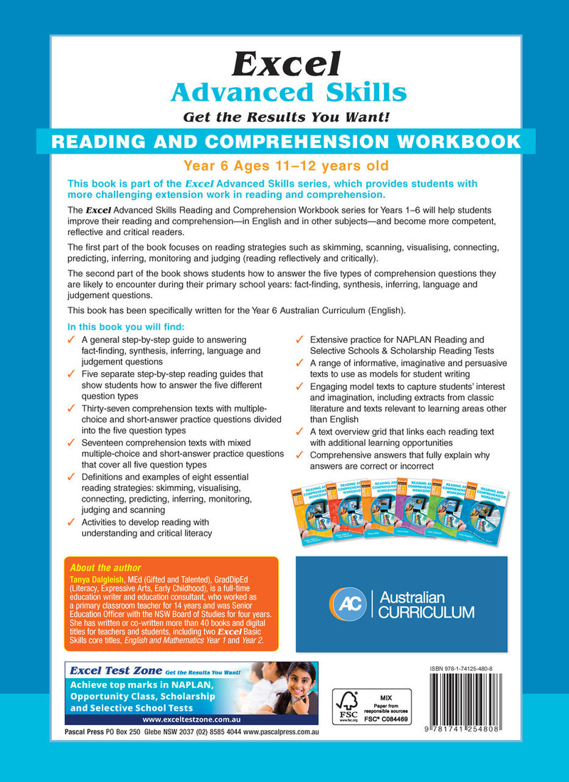 Back cover of Excel Advanced Skills Reading and Comprehension Workbook Year 6 showing the publisher's summary of the book and the Excel Advanced Skills series