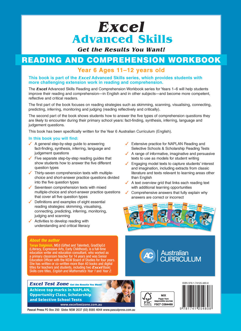 Back cover of Excel Advanced Skills Reading and Comprehension Workbook Year 6 showing the publisher's summary of the book and the Excel Advanced Skills series