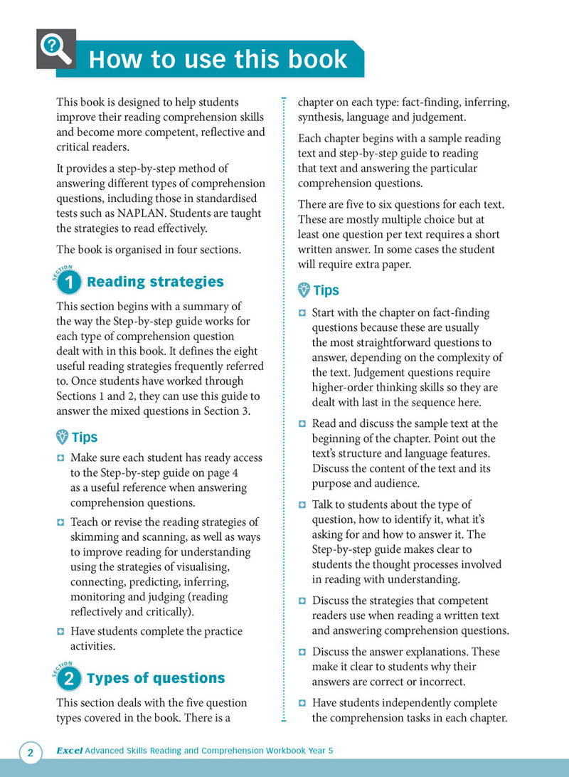 Sample interior page from Excel Advanced Skills Reading and Comprehension Workbook Year 6 showing practice activities and exercises for students