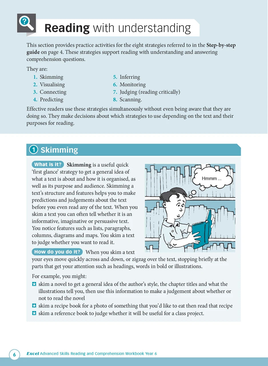 Sample interior page from Excel Advanced Skills Reading and Comprehension Workbook Year 6 showing practice activities and exercises for students