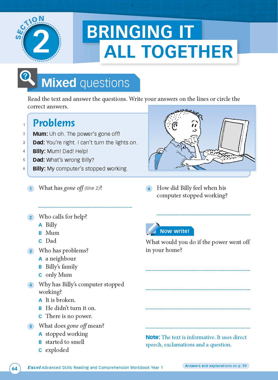 Sample interior page from Excel Advanced Skills Reading and Comprehension Workbook Year 1 showing practice activities and exercises for students