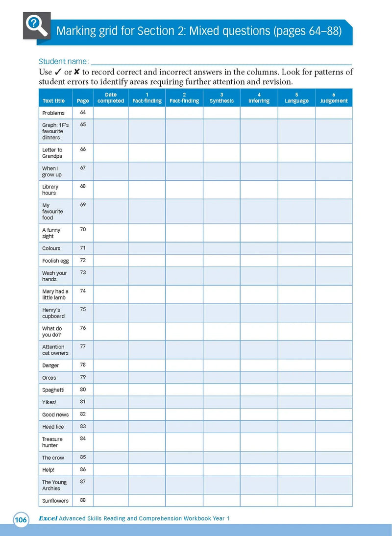 Sample interior page from Excel Advanced Skills Reading and Comprehension Workbook Year 1 showing practice activities and exercises for students