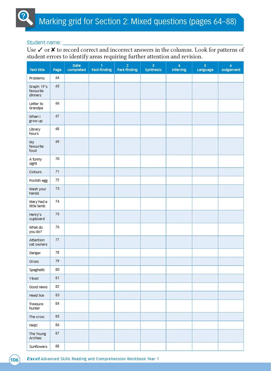 Sample interior page from Excel Advanced Skills Reading and Comprehension Workbook Year 1 showing practice activities and exercises for students