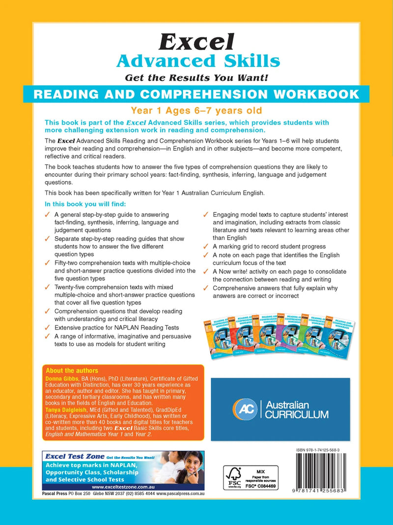 Back cover of Excel Advanced Skills Reading and Comprehension Workbook Year 1 showing the publisher's summary of the book and the Excel Advanced Skills series