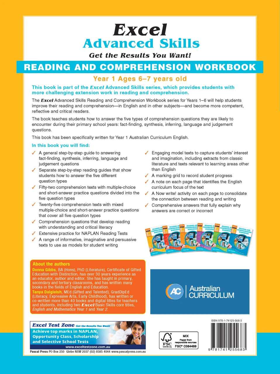 Back cover of Excel Advanced Skills Reading and Comprehension Workbook Year 1 showing the publisher's summary of the book and the Excel Advanced Skills series