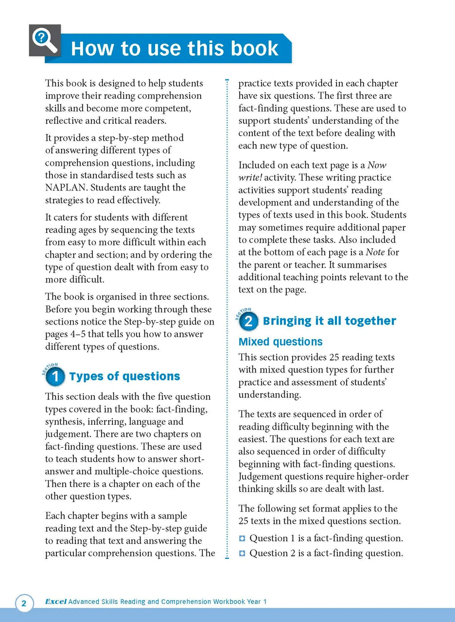 Sample interior page from Excel Advanced Skills Reading and Comprehension Workbook Year 1 showing practice activities and exercises for students