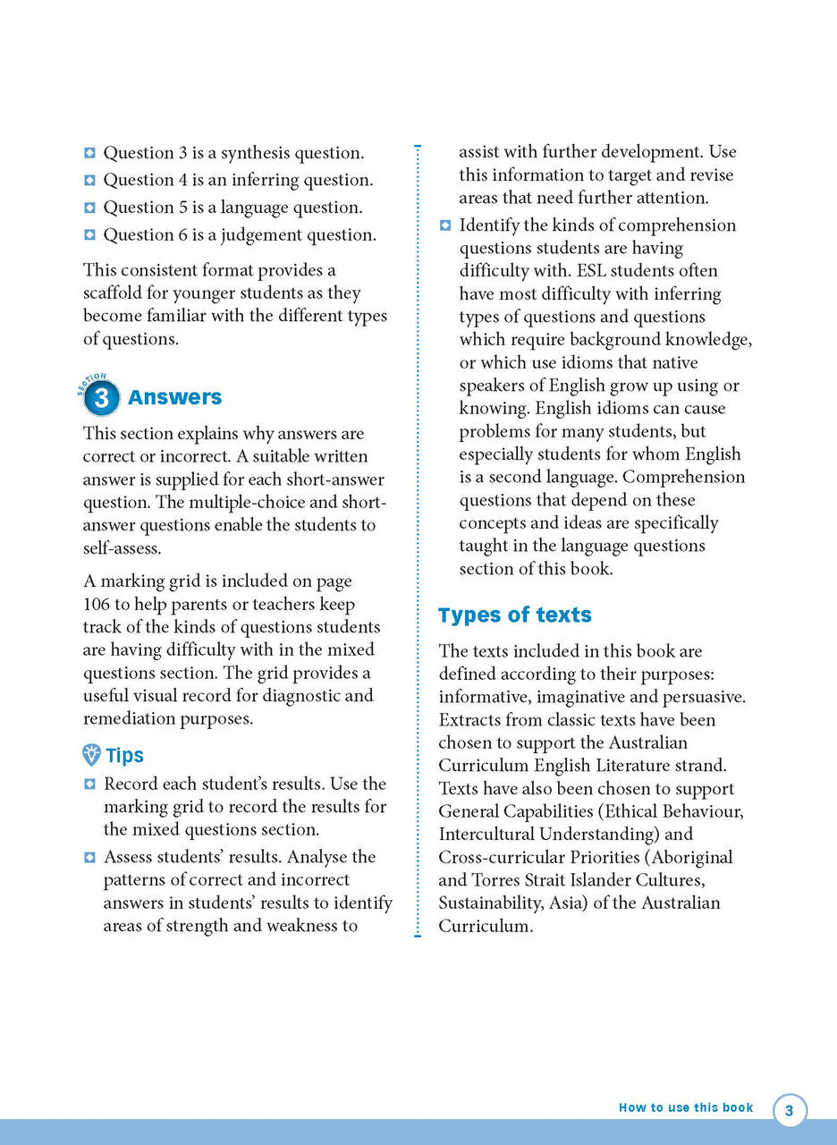 Sample interior page from Excel Advanced Skills Reading and Comprehension Workbook Year 1 showing practice activities and exercises for students