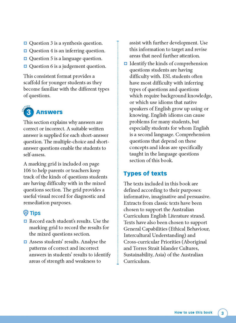 Sample interior page from Excel Advanced Skills Reading and Comprehension Workbook Year 1 showing practice activities and exercises for students