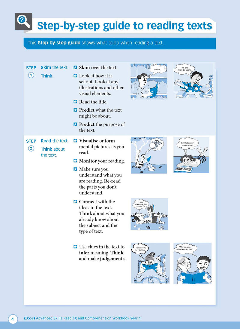 Sample interior page from Excel Advanced Skills Reading and Comprehension Workbook Year 1 showing practice activities and exercises for students
