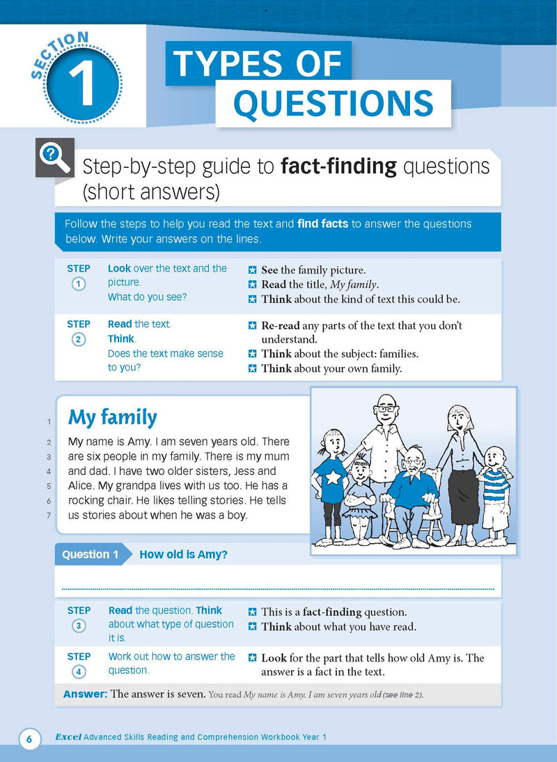 Sample interior page from Excel Advanced Skills Reading and Comprehension Workbook Year 1 showing practice activities and exercises for students