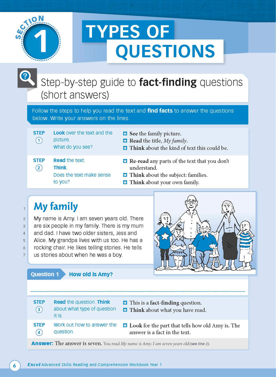 Sample interior page from Excel Advanced Skills Reading and Comprehension Workbook Year 1 showing practice activities and exercises for students