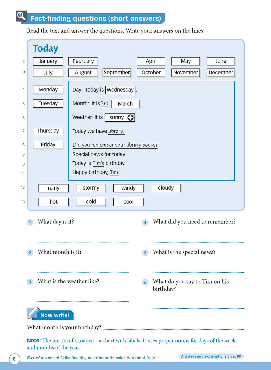 Sample interior page from Excel Advanced Skills Reading and Comprehension Workbook Year 1 showing practice activities and exercises for students