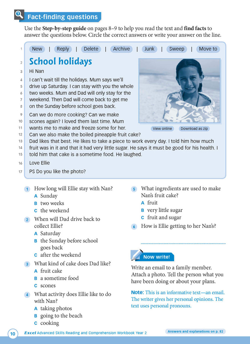 Sample interior page from Excel Advanced Skills Reading and Comprehension Workbook Year 2 showing practice activities and exercises for students
