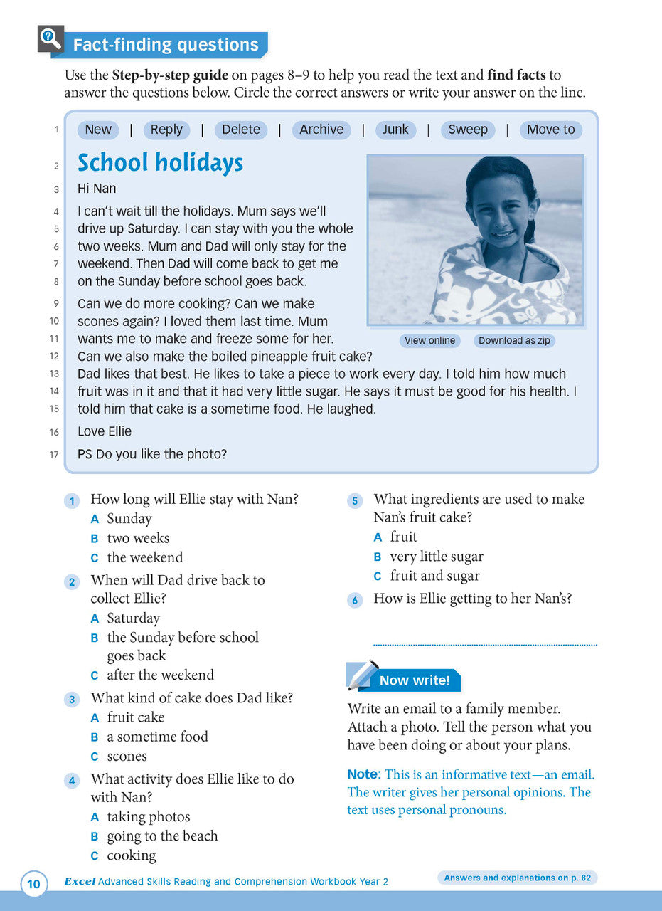 Sample interior page from Excel Advanced Skills Reading and Comprehension Workbook Year 2 showing practice activities and exercises for students