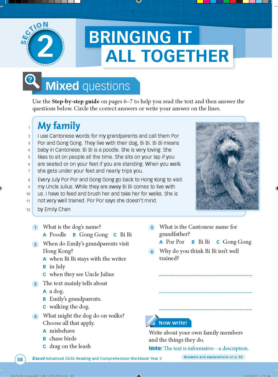 Sample interior page from Excel Advanced Skills Reading and Comprehension Workbook Year 2 showing practice activities and exercises for students