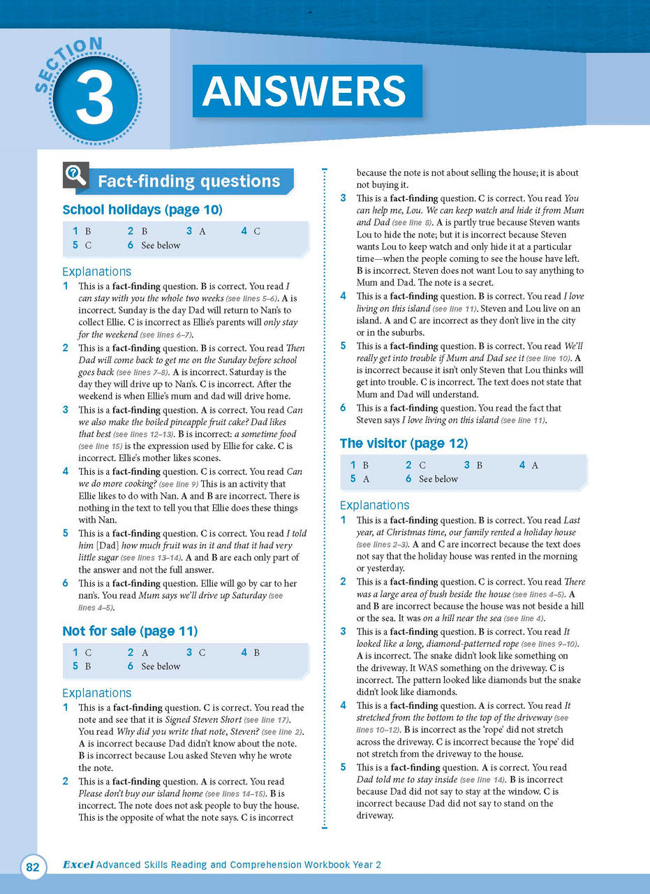 Sample interior page from Excel Advanced Skills Reading and Comprehension Workbook Year 2 showing practice activities and exercises for students
