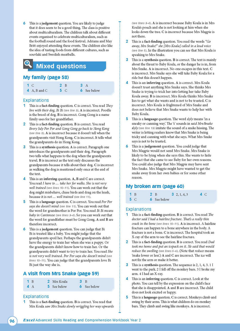 Sample interior page from Excel Advanced Skills Reading and Comprehension Workbook Year 2 showing practice activities and exercises for students