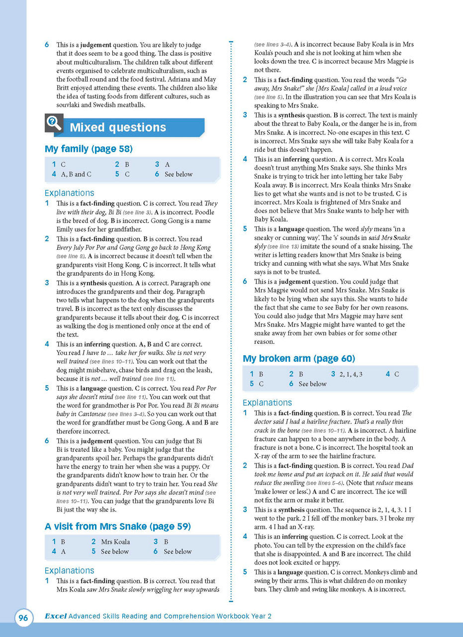 Sample interior page from Excel Advanced Skills Reading and Comprehension Workbook Year 2 showing practice activities and exercises for students