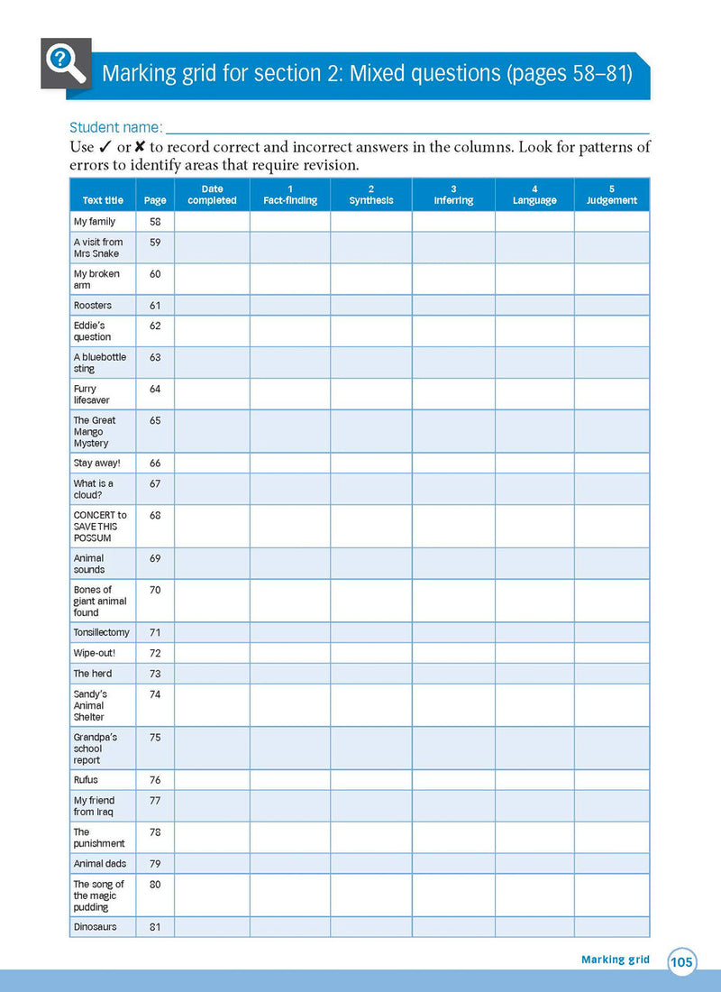 Sample interior page from Excel Advanced Skills Reading and Comprehension Workbook Year 2 showing practice activities and exercises for students