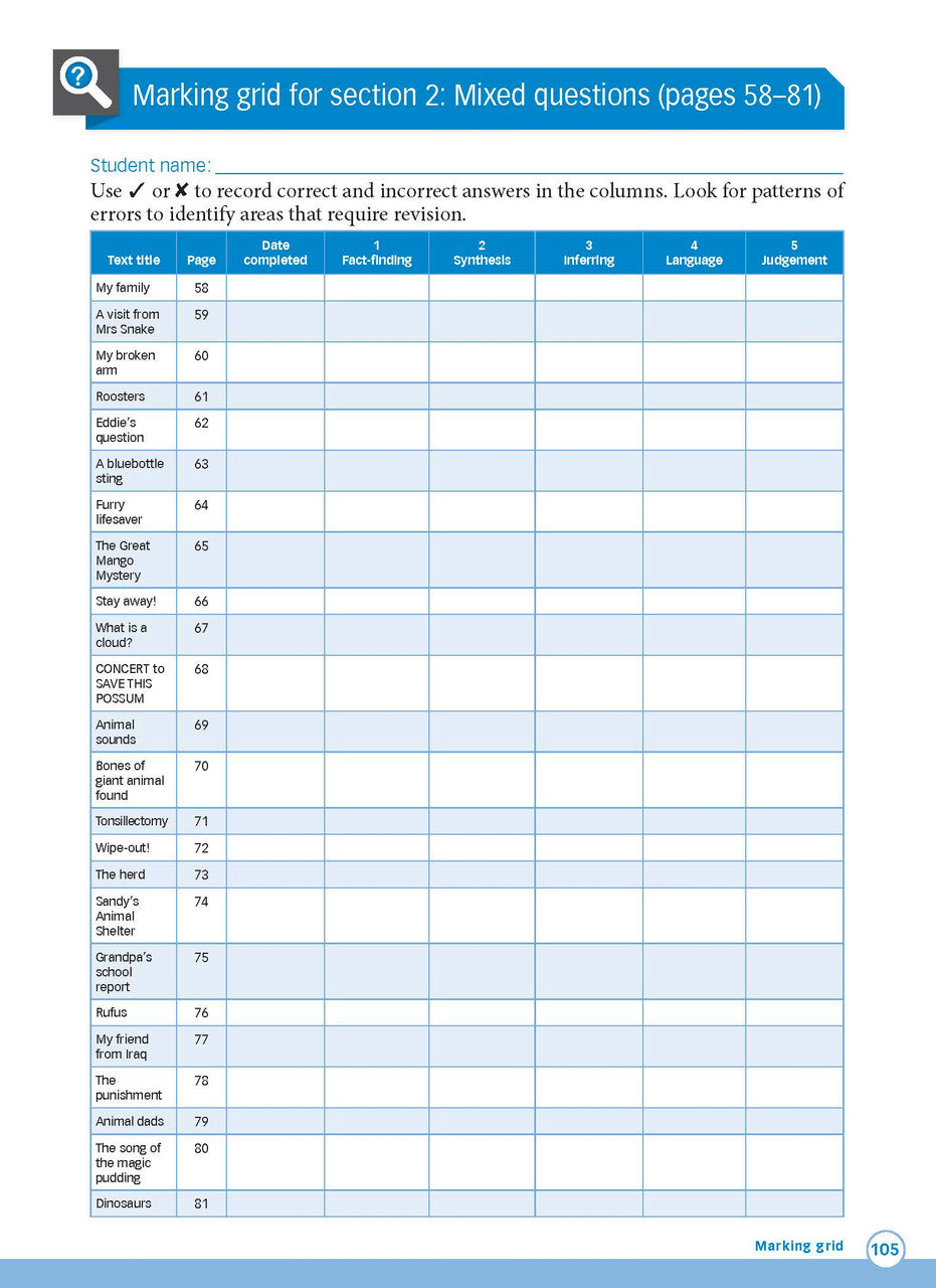 Sample interior page from Excel Advanced Skills Reading and Comprehension Workbook Year 2 showing practice activities and exercises for students